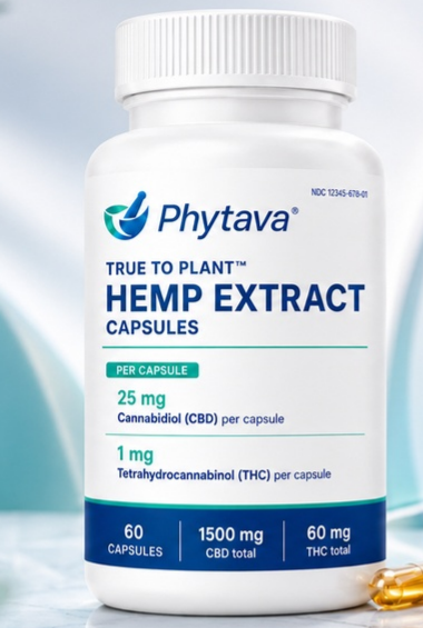 Phytava True to Plant Hemp Extract Capsules bottle with capsules
