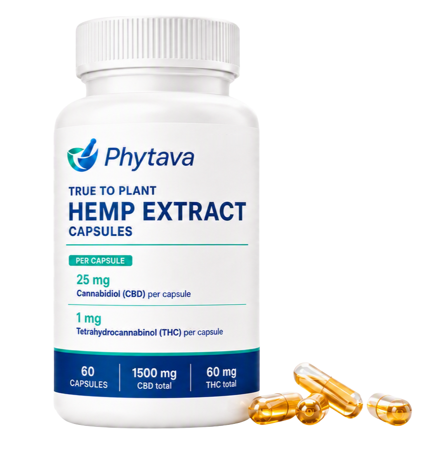 Phytava True to Plant Hemp Extract Capsules bottle with capsules